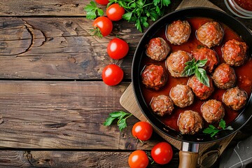 Homemade meatball with beef and marinara in pan on wooden table top view - obrazy, fototapety, plakaty