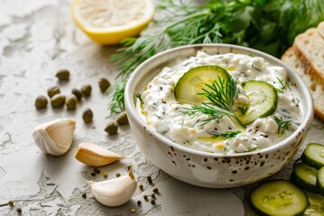 Homemade white tartar sauce with pickles capers dill parsley garlic lemon and mustard on a stone background Horizontal photo
