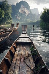A long wooden boat sitting on top of a river. Suitable for travel and nature themes
