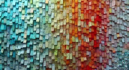 A wall covered in colorful post-it notes with various messages, generated with AI