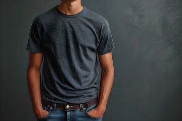 Mockup of a male model showcasing a plain grey casual t-shirt from front and back perspectives. Concept Fashion, Menswear, T-shirt, Casual, Mockup