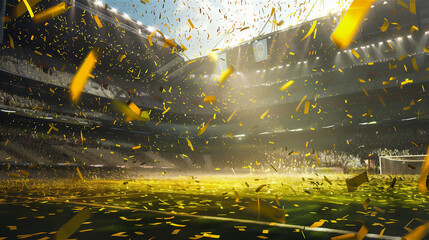 Falling down gold confetti on soccer arena.