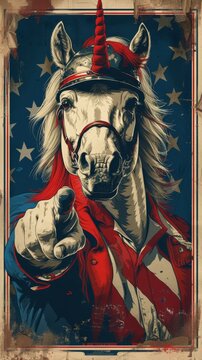 A vintage style poster with the image of a unicorn wearing an army helmet, generated with AI