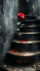 An old, winding staircase in a black and white abandoned mansion, with a single red rose lying on one of the steps, generated with AI