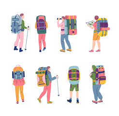 Cartoon Color Characters People Hikers Hiking Trekking or Holiday Travel Concept Flat Design Style. Vector illustration