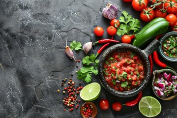 Ingredients for traditional Mexican tomato salsa on grey background with copy space - obrazy, fototapety, plakaty