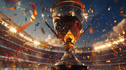 A cup for the winner surrounded by colorful confetti. - obrazy, fototapety, plakaty