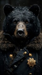 Black and white, high-contrast portrait of a bear in a police uniform, generated with AI