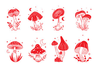 Red Different Magical Mushrooms Icons Set Esoteric or Boho Style. Vector illustration of Amanita Muscaria with Moon