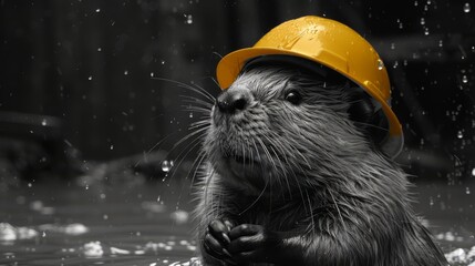 Black and white, high-contrast portrait of a beaver as a construction engineer, masterfully crafting with wood, generated with AI