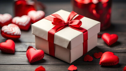 White gift box with red ribbon amongst scattered red hearts on a wooden surface, suggesting romance and Valentine's Day - Powered by Adobe