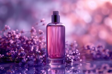 Obraz na płótnie Canvas Cosmetic bottle template, purple bottle of cosmetic products on exquisite purple background with purple flowers, empty cosmetic container with spray bottle, mockup design