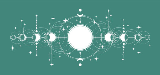 Moon Phases Set White Mysterious Moonlight Activity Stages on a Green Magic Astrology Concept. Vector illustration