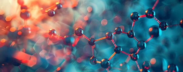 Abstract background with molecular structure. Molecule model on neon bokeh background. Atom model, chemical formula. Science and technology concept. Banner for medicine, biology, chemistry or physics - obrazy, fototapety, plakaty