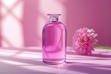 Obraz na płótnie Canvas Cosmetic bottle template, purple glass bottle of cosmetic products on pink background with flower, blank cosmetic container with glass cap, design mockup