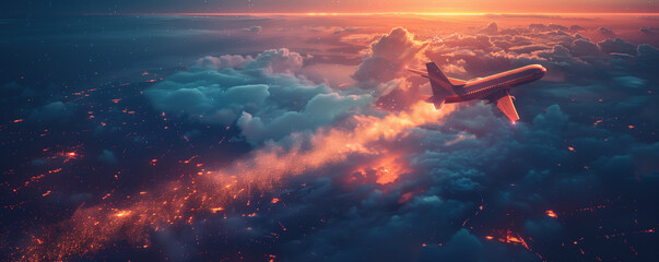 Passenger plane flies through the clouds over a night city, leaving a trail in the sky. Banner with place for text, side view. Concept of aviation, air travel and tourism - obrazy, fototapety, plakaty