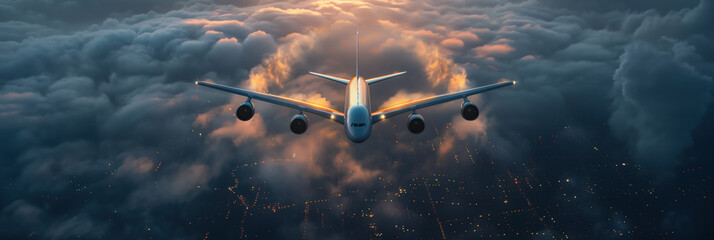 Shiny passenger plane flies through the clouds over the night city. Airplane, front view, banner with place for text. The concept of aviation, airplane travel and a sense of freedom - obrazy, fototapety, plakaty