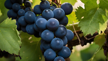  Nature's Bounty: A Plump Bunch of Grapes on a Bed of Lush Leaves