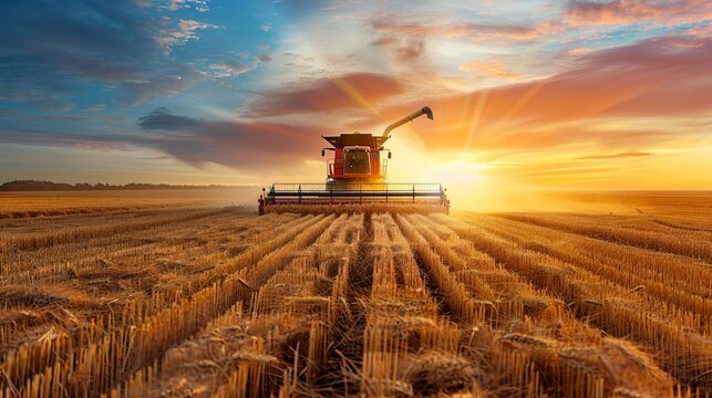 big combine harvester threshing in the sunset.