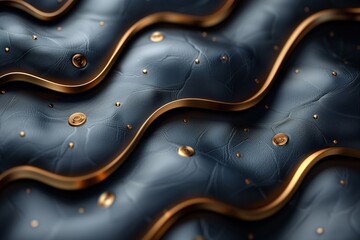 Dark luxury abstract background: golden wavy inserts on a black leather base, concept of luxury leather goods - obrazy, fototapety, plakaty