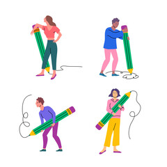 Cartoon Color Characters People with Large Pencil Concept Concept Flat Design Style. Vector illustration of Students Holding Big Pencils