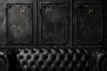 Black luxury background in a dark key: elegant black leather empty sofa on the background of three empty frames, template for design, mockup for logo