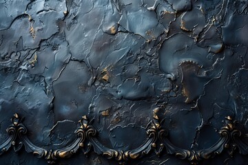 Fototapeta premium Dark luxury abstract background: raw metal surface with elegant forging and gold plating
