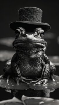 Black and white, high-contrast portrait of a frog in a tiny top hat, generated with AI