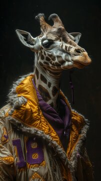 Black and white, high-contrast portrait of a giraffe in a basketball uniform, generated with AI