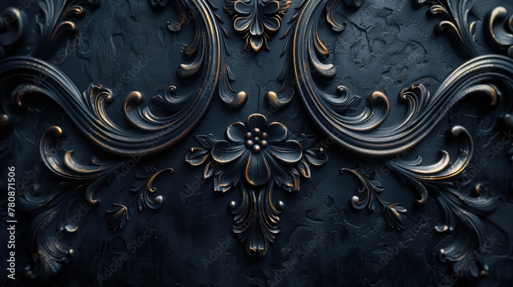 Wall mural Dark luxury abstract background: Black forged elements with gold plating on a black lumpy raw base