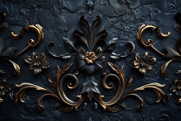 Dark luxury abstract background: Black forged elements with gold plating on a black lumpy raw base - obrazy, fototapety, plakaty