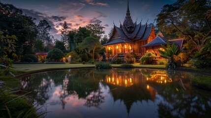 Naklejka premium Twilight Tranquility at a Thai Temple Oasis: As twilight descends, the ambient lighting casts a mystical glow on a secluded Thai temple