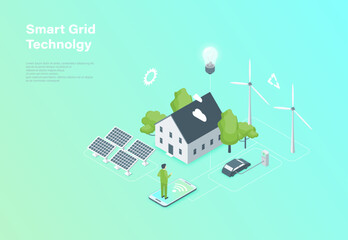 Color Smart Grid Technology with Renewable Energy System for House and Car Concept 3D Isometric View. Vector illustration