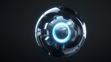 A futuristic tech company logo featuring a 3D silver and neon blue gear, encapsulated in a holographic sphere, set against a black background for a sleek and modern look.