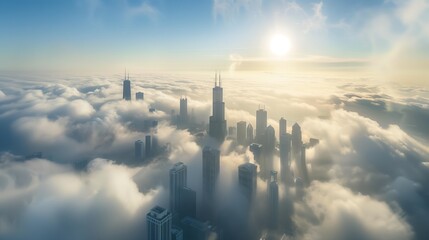 Mega Tall skyscrapers covered in early morning fog. Rare aerial perspective. - Powered by Adobe
