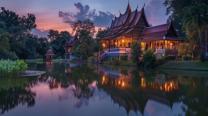 Twilight Tranquility at a Thai Temple Oasis: As twilight descends, the ambient lighting casts a...