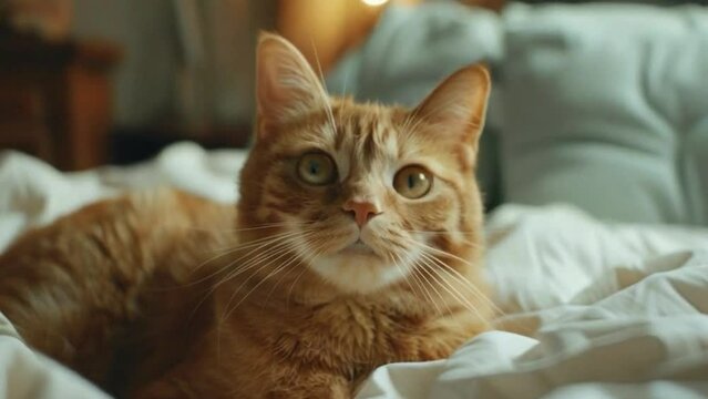 A cat is laying on a bed with its eyes open 4K motion