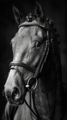 Black and white, high-contrast portrait of a horse in equestrian gear, generated with AI