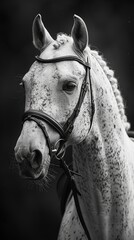Black and white, high-contrast portrait of a white horse in equestrian gear, generated with AI