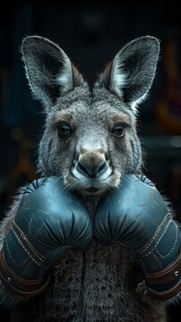 Black and white, high-contrast portrait of a kangaroo in blue boxing gloves, generated with AI