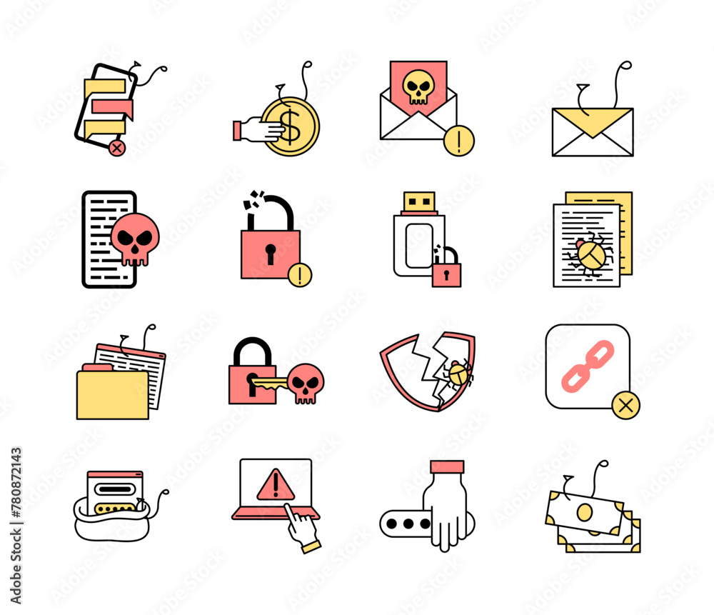 Sticker Hacking Sign Color Thin Line Icon Set Cyber Crime Concept Include of Malware and Phishing. Vector illustration of Icons