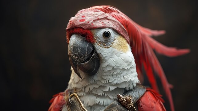 Black and white, high-contrast portrait of a parakeet parrot as a pirate, with the bold red of its feathered hat, generated with AI