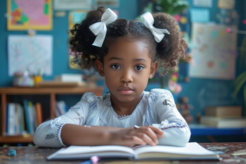 African American girl with white bows in her hair at a table in a classroom. School education of children - obrazy, fototapety, plakaty