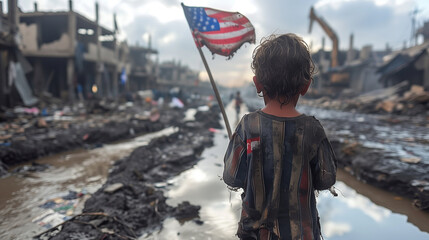 A sad child stands in front of buildings and holding a usa flag back view that have collapsed due...