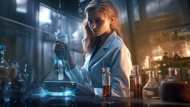 woman wearing a lab coat is performing a precise experiment in a lab. The background is full of modern scientific instruments. 