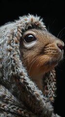 Obraz premium Black and white, high-contrast portrait of a squirrel as Ewok, with the hood's shade of brown blending with the natural environment, generated with AI