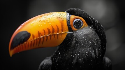 Black and white, high-contrast portrait of a toucan, generated with AI