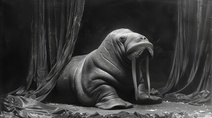 Black and white, high-contrast portrait of a walrus as an opera singer, generated with AI - obrazy, fototapety, plakaty