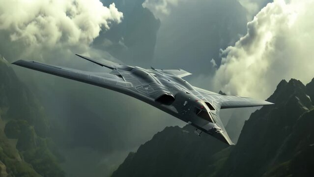 A fighter jet flies dynamically over a magnificent mountain range, showcasing the power and agility of modern military aircraft, Advanced stealth bomber flying over mountain range, AI Generated