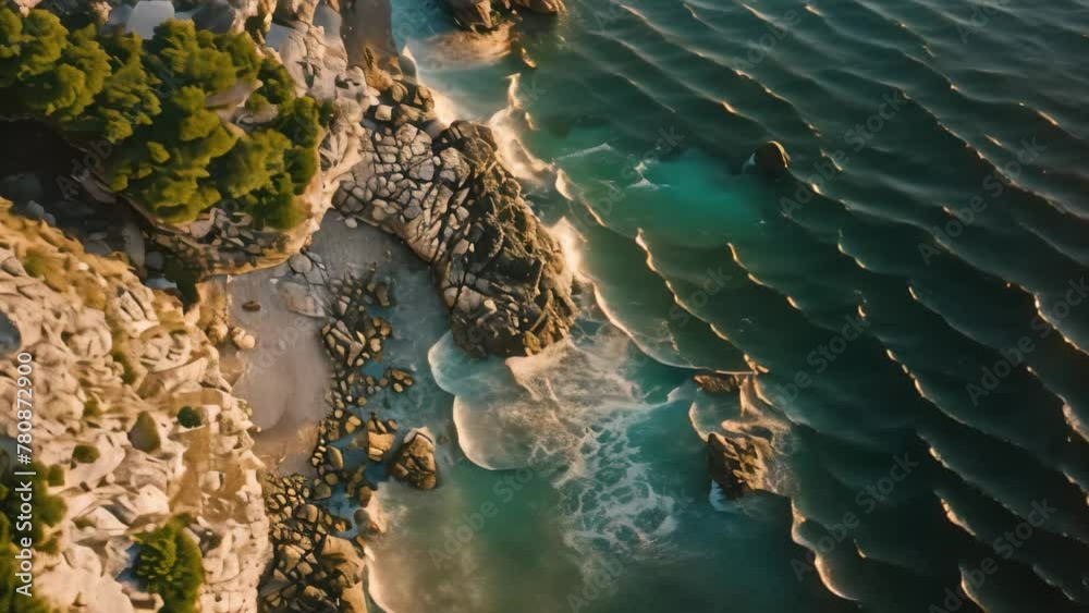 Wall mural this photo captures an aerial perspective of the vast ocean and rugged rocks along the coastline, ae